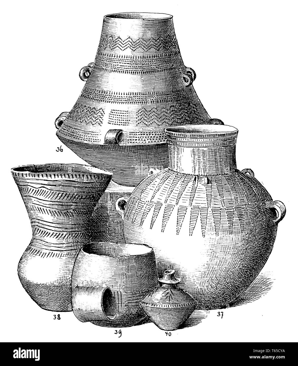 Il gruppo di cinque diversi vasi di argilla dalla più giovane età della pietra. Berlino, Regio Museo di Etnologia, 1893 Foto Stock