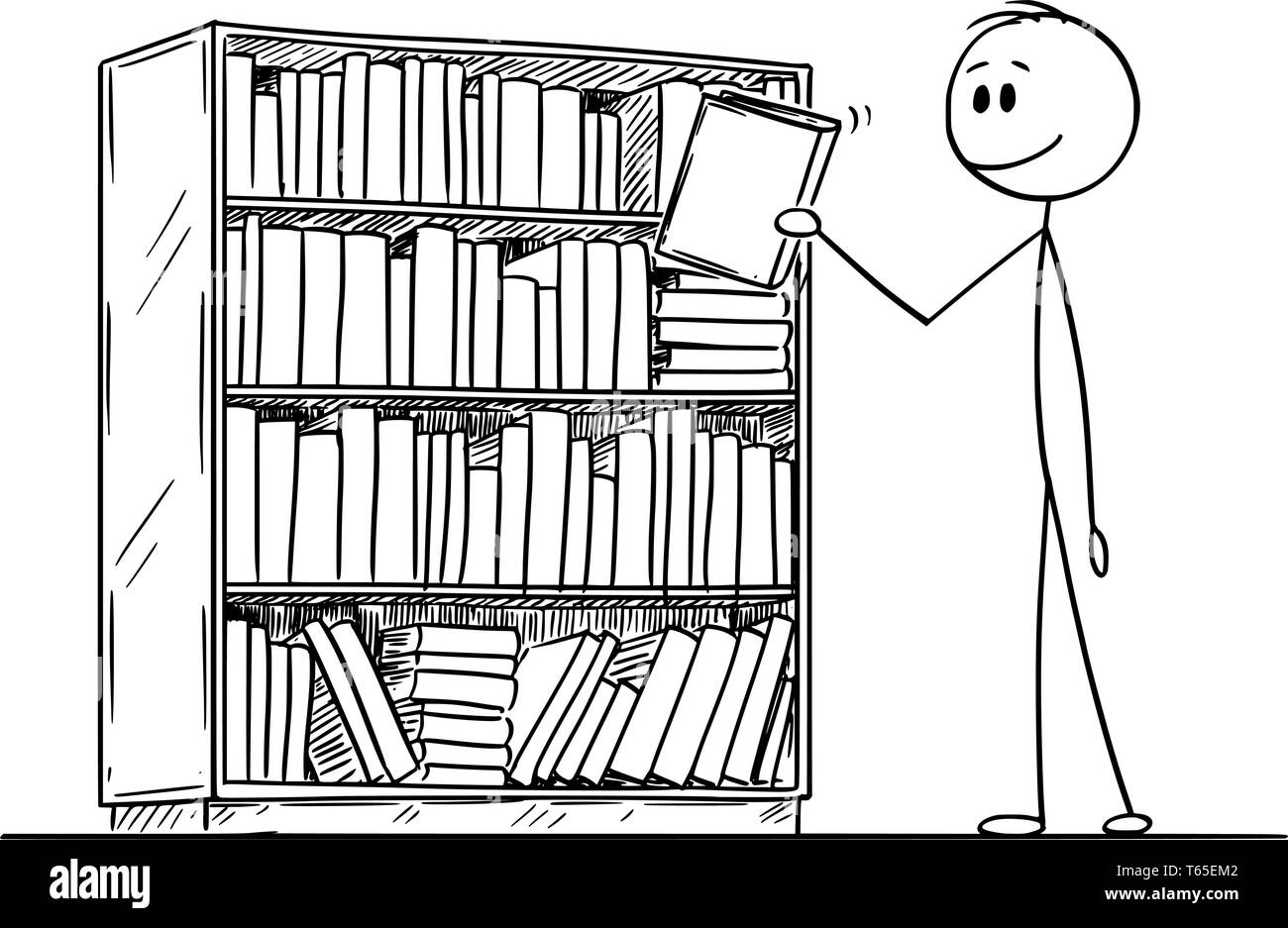 Cartoon stick figura disegno illustrazione concettuale dell'uomo o lettore tenendo libro dal libro caso. Concetto di istruzione. Illustrazione Vettoriale