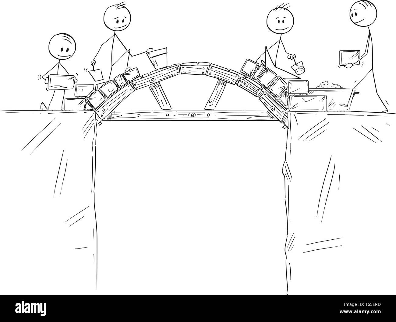 Cartoon stick figura disegno illustrazione concettuale del gruppo dei costruttori o dei lavoratori o uomini di affari di lavoro e la costruzione di un ponte sopra il baratro o precipizio. Concetto di lavoro di squadra e la soluzione del problema. Illustrazione Vettoriale