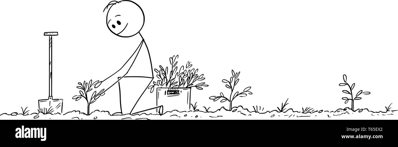 Cartoon stick figura disegno illustrazione concettuale dell'uomo piantando alberi piccoli come foresta per il futuro, natura, ambiente ed ecologia concetto. Illustrazione Vettoriale