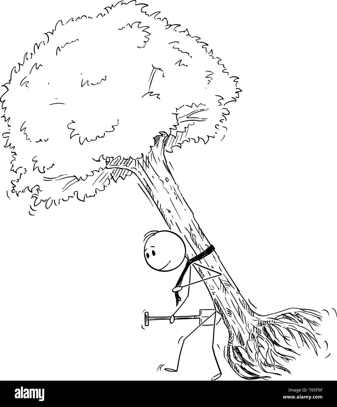 Cartoon stick figura disegno illustrazione concettuale dell uomo che porta grande albero di piantare. Natura, ecologia e concetto ambientale. Illustrazione Vettoriale