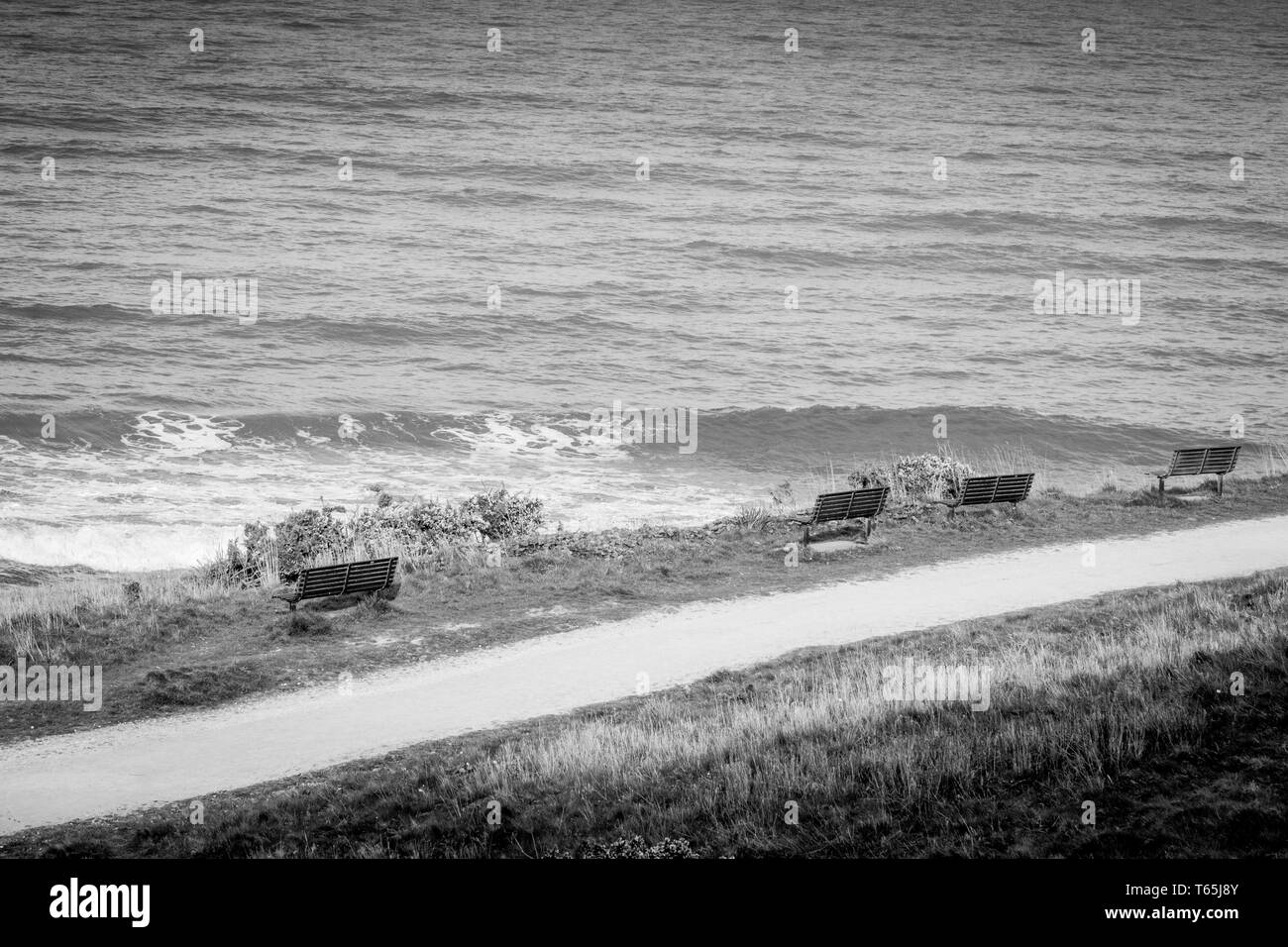 Bianco e nero fotografia di paesaggio dal mare con banchi vuoti. Foto Stock
