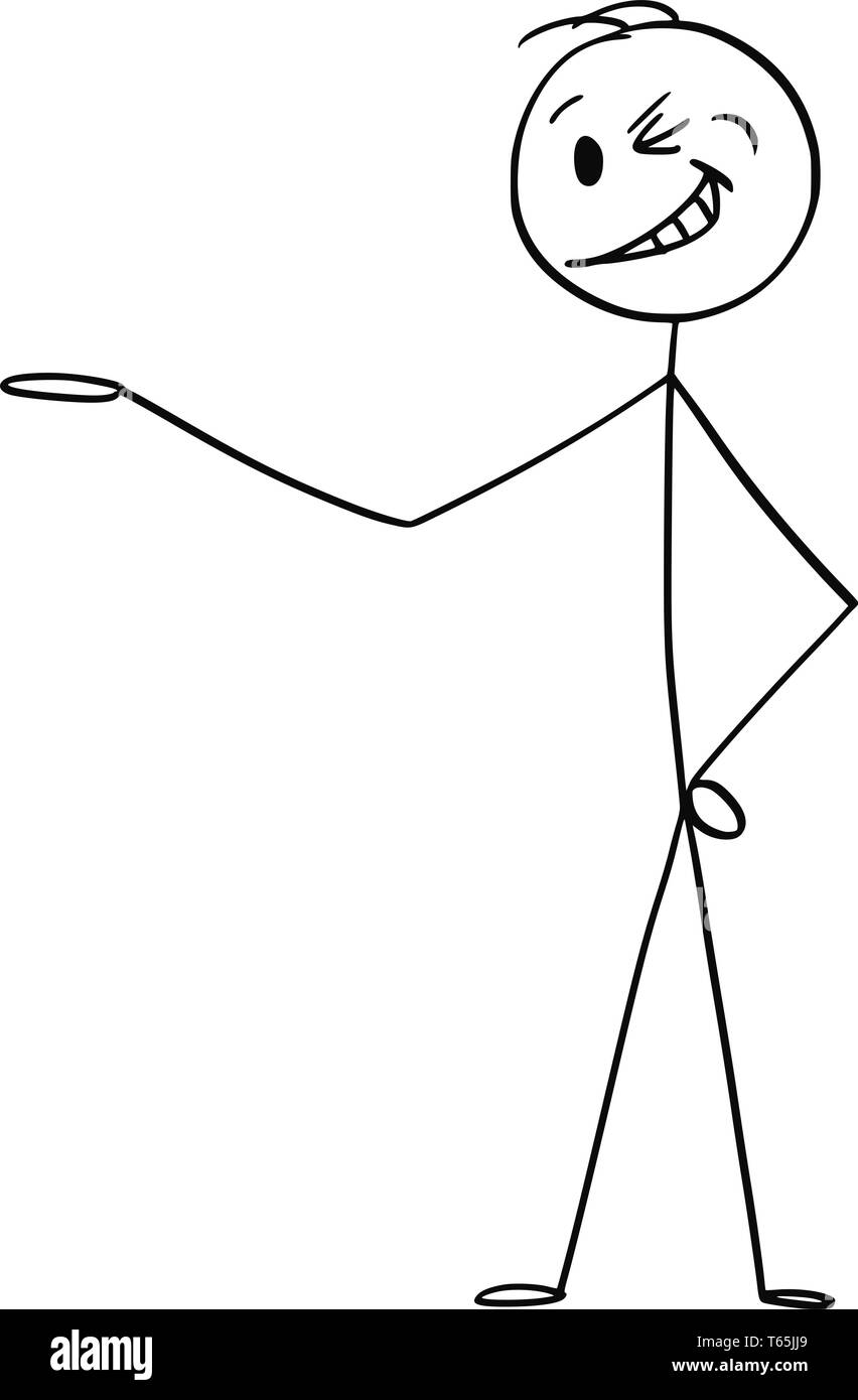 Cartoon stick figura disegno illustrazione concettuale di sorridere e baluginare uomo o imprenditore rivolto la sua mano e offrendo o mostrando qualcosa. Illustrazione Vettoriale