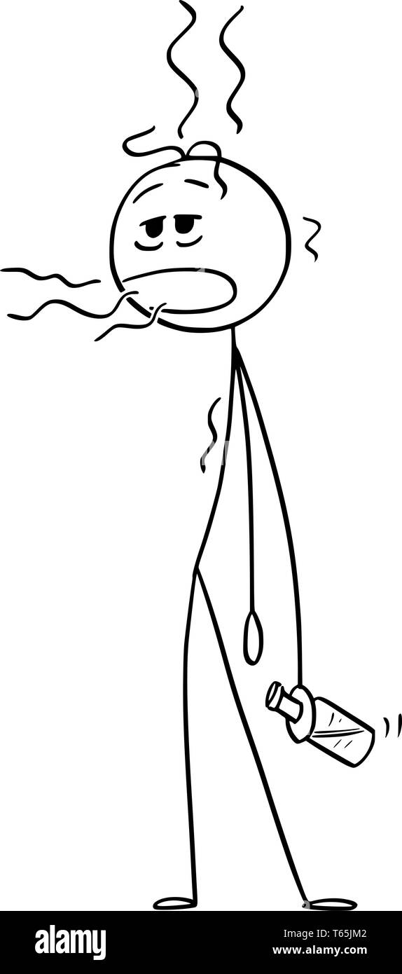 Cartoon stick figura disegno illustrazione concettuale di bere o ubriaco tenendo la bottiglia nella mano e vomito. Illustrazione Vettoriale