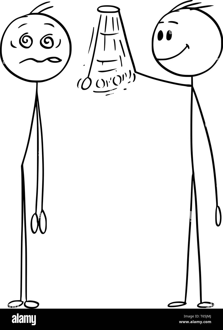 Cartoon stick figura disegno illustrazione concettuale del Hypnotist o psicologo hypnotize uomo o paziente. Concetto di ipnosi. Illustrazione Vettoriale
