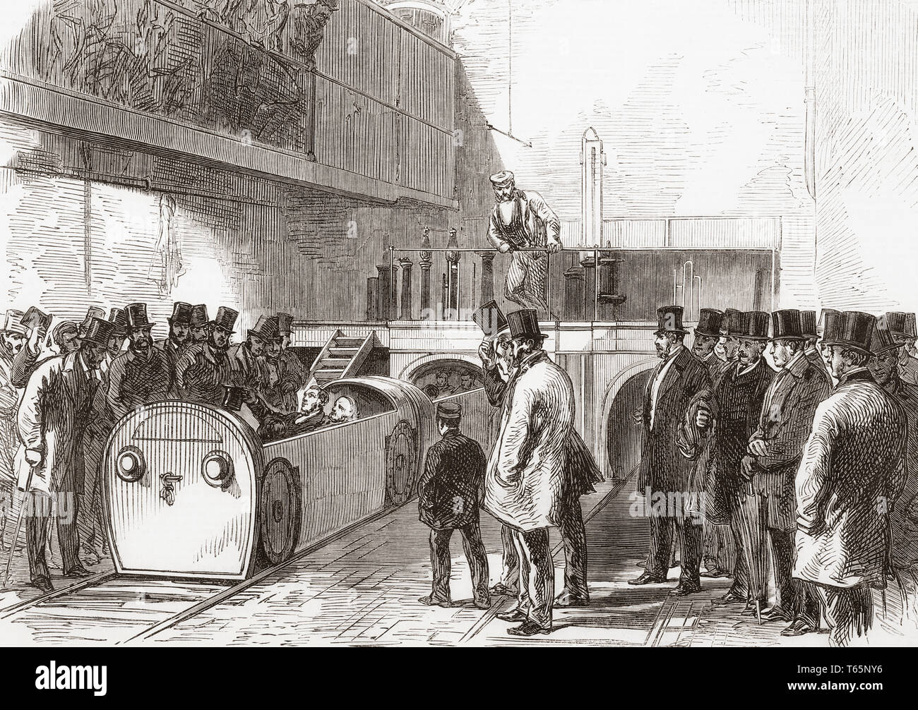 I pneumatici di spedizione tubo, Holborn fine del Euston alla linea di Holborn il giorno della sua apertura. Questo era un sistema della metropolitana per il trasporto della posta, pacchi e merci di luce tra posizioni di Londra, azionato dalla London pneumatico società di spedizione, aka The London pneumatico società di spedizione. Dal Illustrated London News, pubblicato 1865. Foto Stock