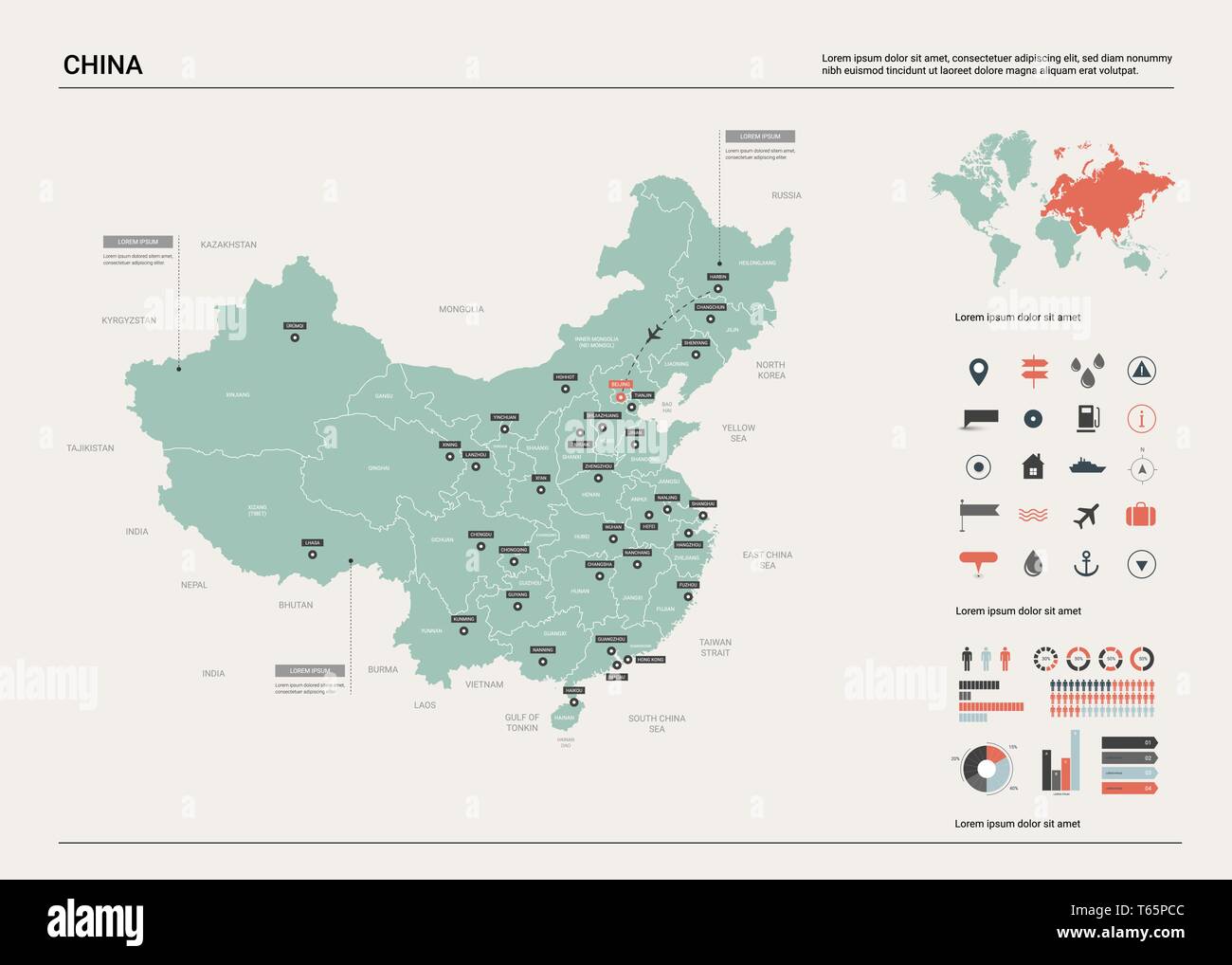 Mappa vettoriale della Cina. Alta dettagliata mappa del paese con la ...