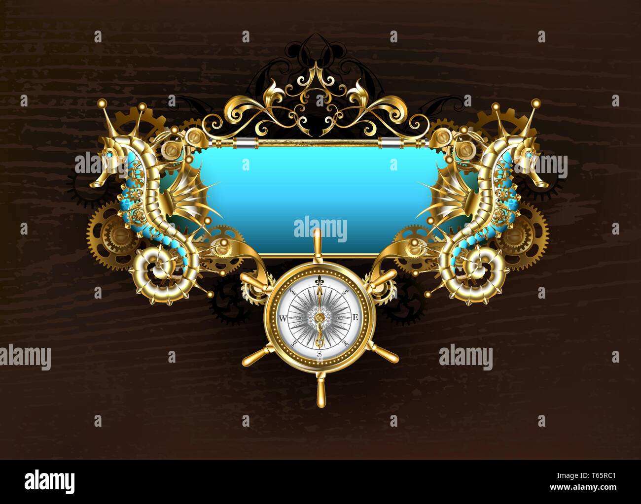 Antiquariato, banner blu con dispositivi meccanici di cavallucci marini e gli ingranaggi in ottone su legno marrone dello sfondo. Illustrazione Vettoriale