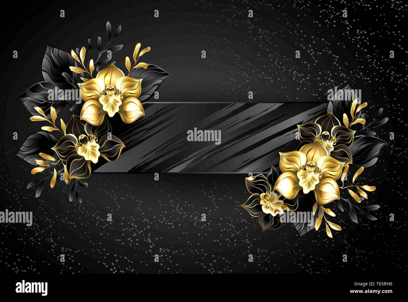 Nero, testurizzati, banner rettangolare con gioielli orchidee, decorato con foglie di oro su sfondo grunge. Illustrazione Vettoriale