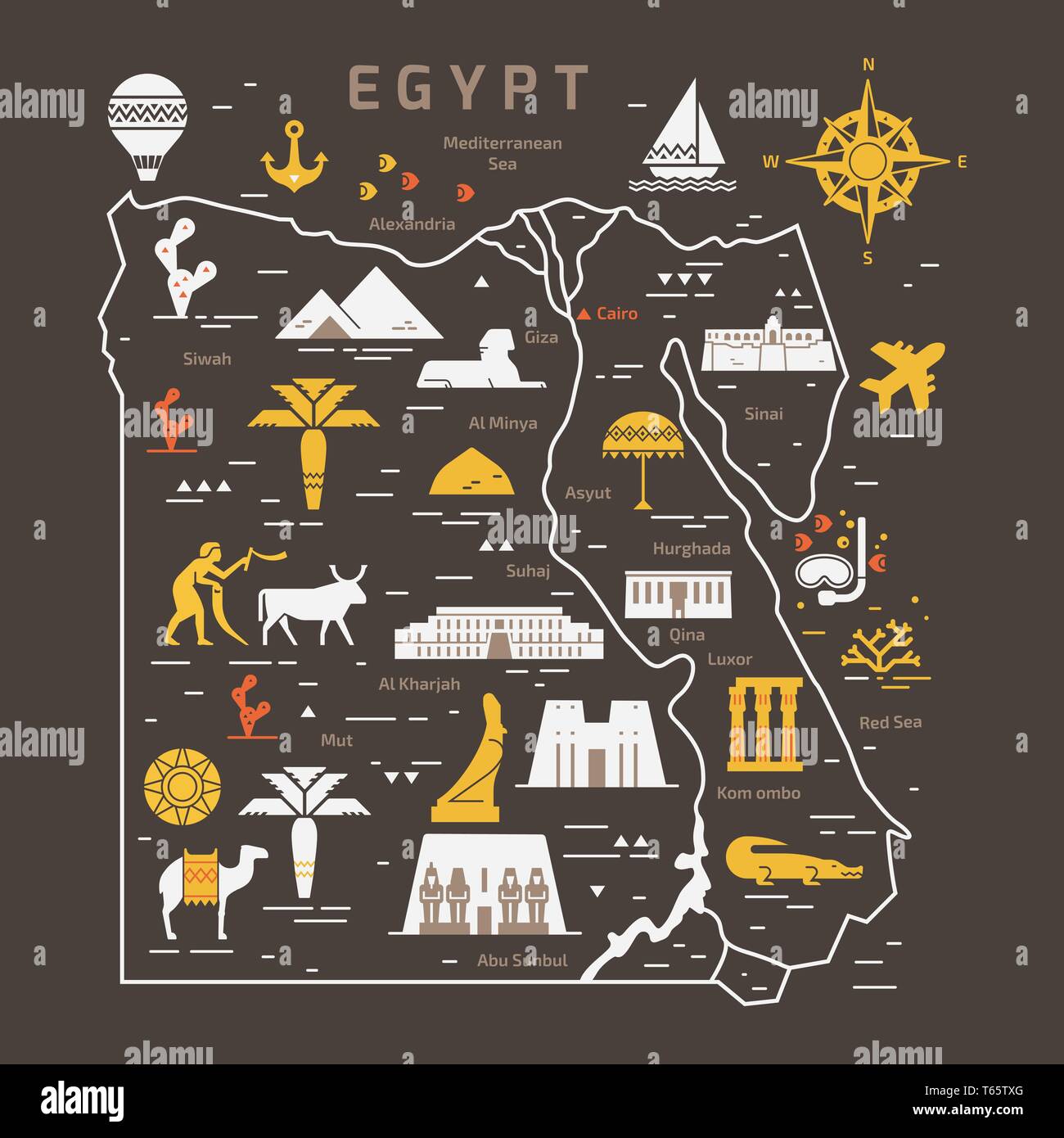Delineare e silhouette Mappa di Egitto - illustrazione vettoriale disegnata con linee nere Illustrazione Vettoriale
