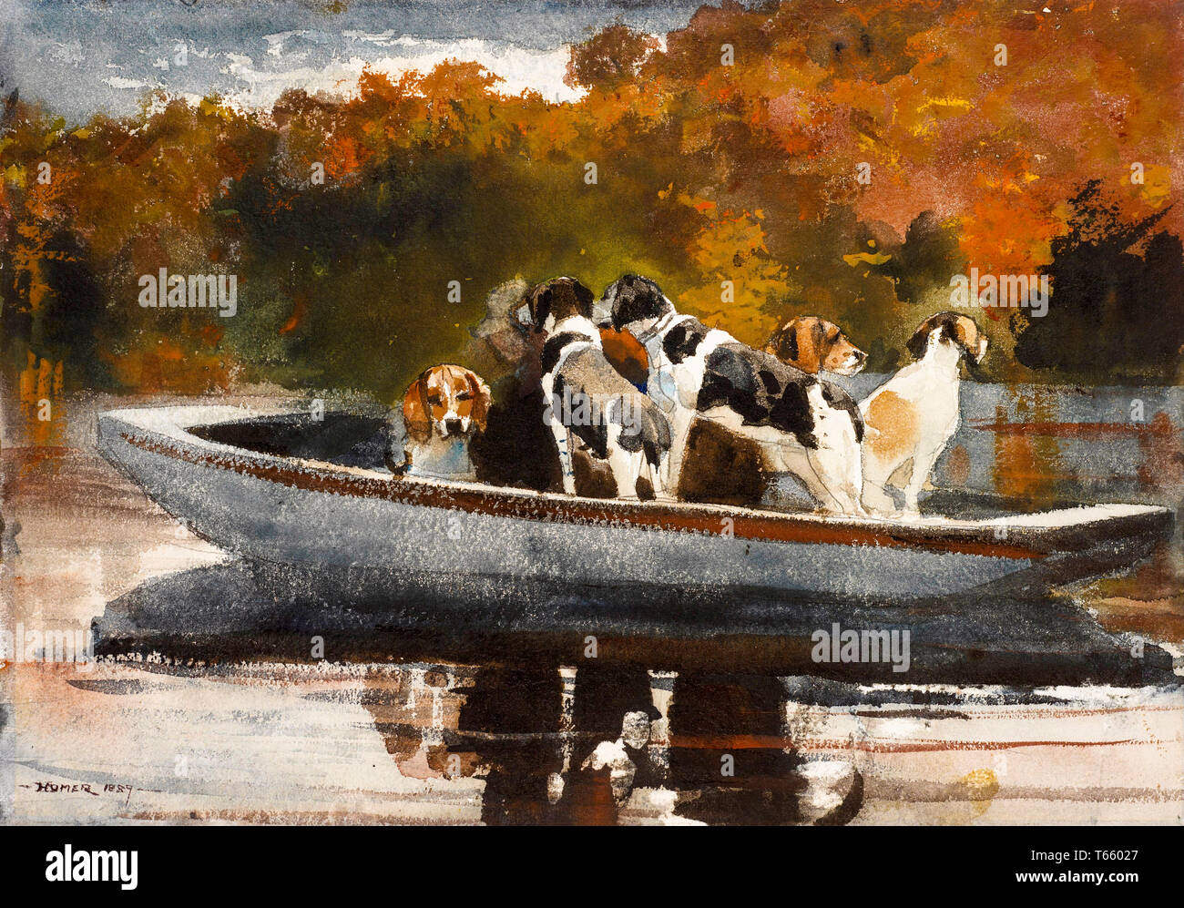 Winslow Homer, cani da caccia in barca (attesa per l'avviamento), pittura, 1889 Foto Stock