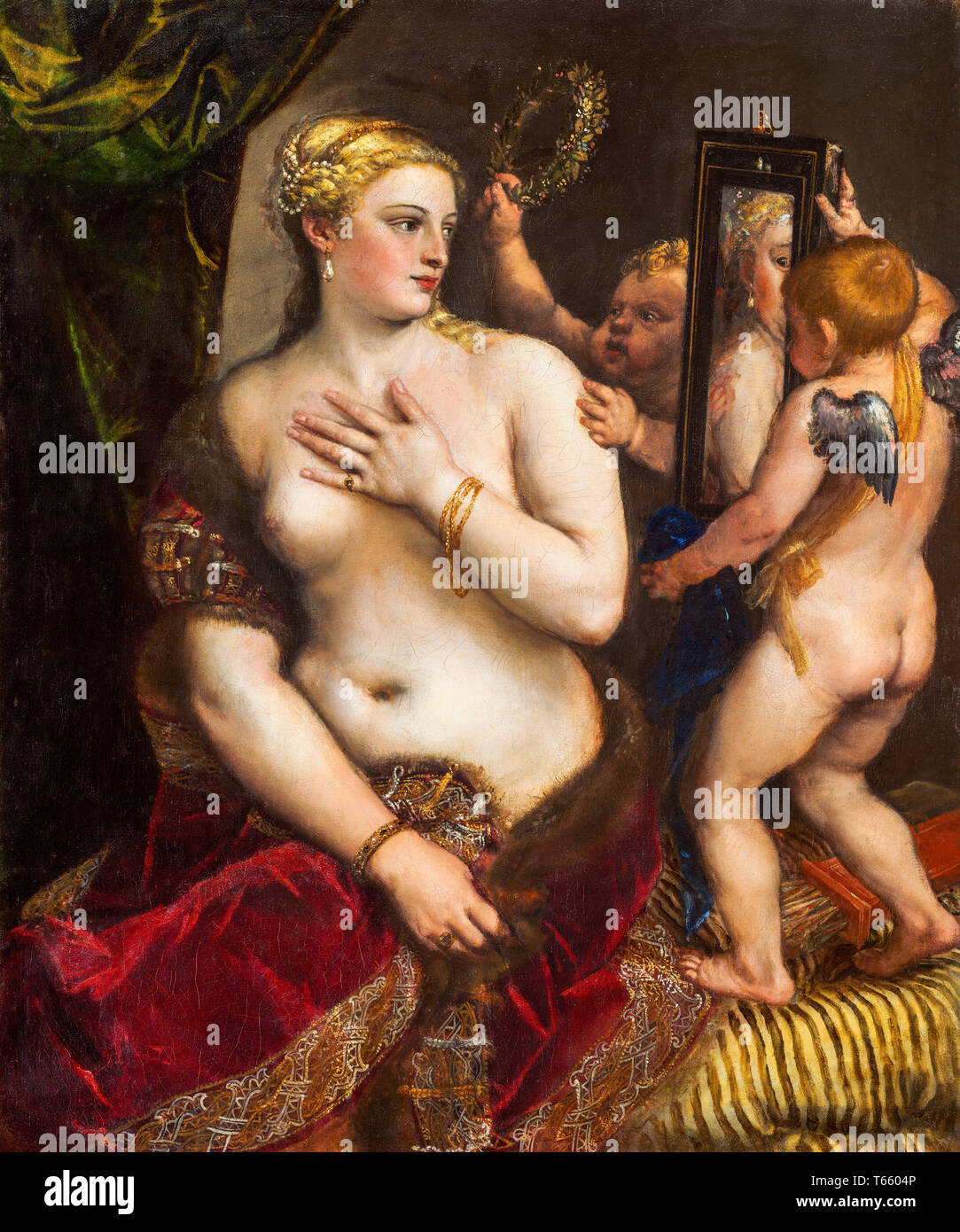 Tiziano, Tiziano Vecellio, Venere con specchio, pittura ad olio su tela, 1555 circa Foto Stock