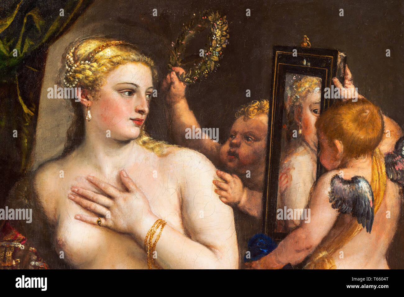 Tiziano, Tiziano Vecellio, Venere con specchio (particolare), pittura ad olio su tela, 1555 circa Foto Stock