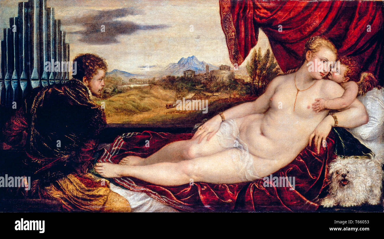 Tiziano, Tiziano Vecellio, Venere con il suonatore d'organo, pittura ad olio su tela, circa 1550 Foto Stock