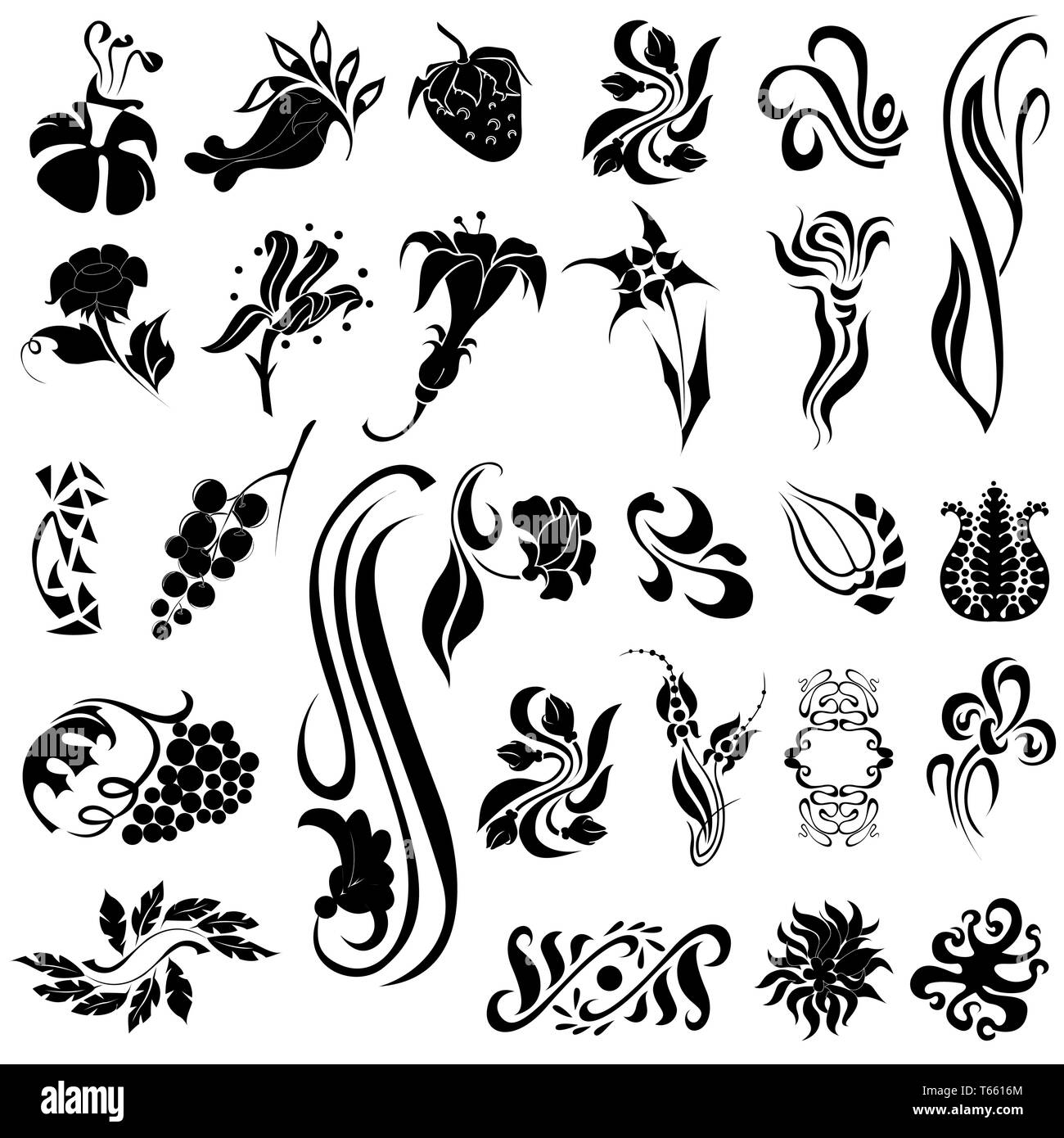 Grande insieme di abstract elementi floreali e insetti di sagome su bianco Illustrazione Vettoriale