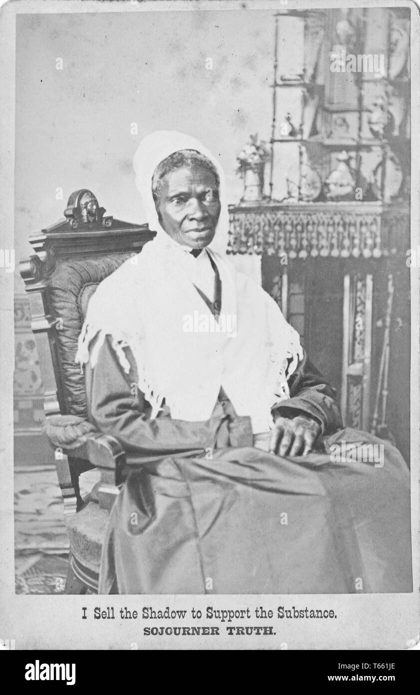 Armadio commerciale foto con un ritratto di americani e abolizionista Sojourner suffragist verità, seduto su una sedia e la didascalia "mi vende l'ombra per supportare la sostanza, ' da Randall studio, Detroit, Michigan, 1870. Fotografia di Emilia van Beugen. () Foto Stock