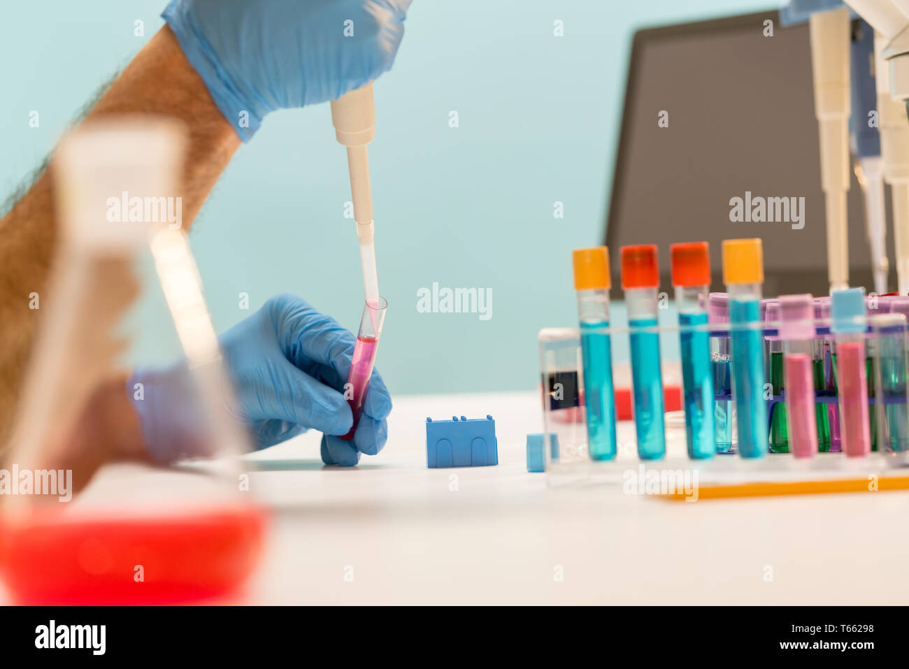 Laboratorio di ricerca genetica. Le piastre PCR e pipette multicanale Foto Stock