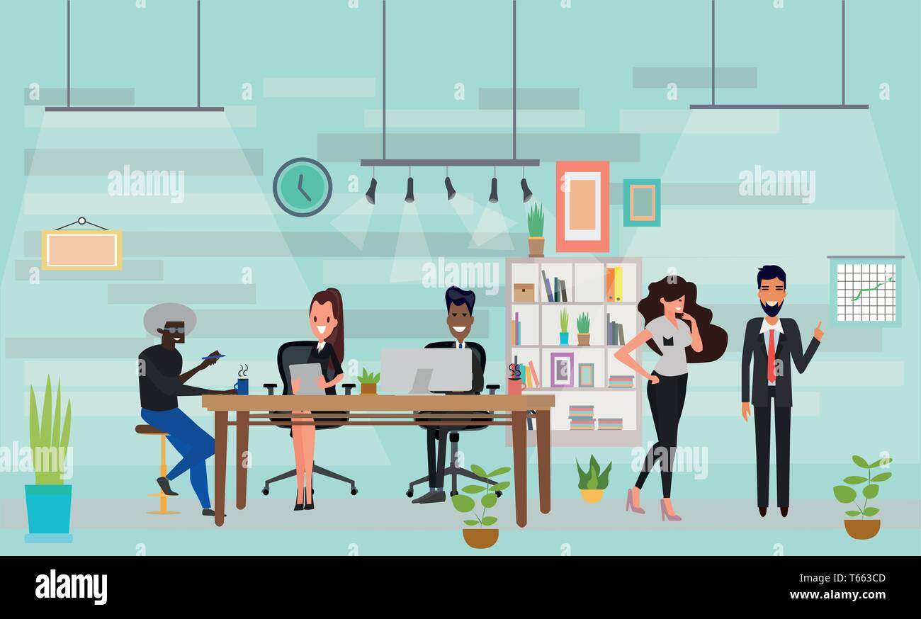 Concetto di coworking center e comunicazione. Vettore di affari multiculturali team delle persone a parlare e a lavorare al computer nello spazio aperto off Illustrazione Vettoriale