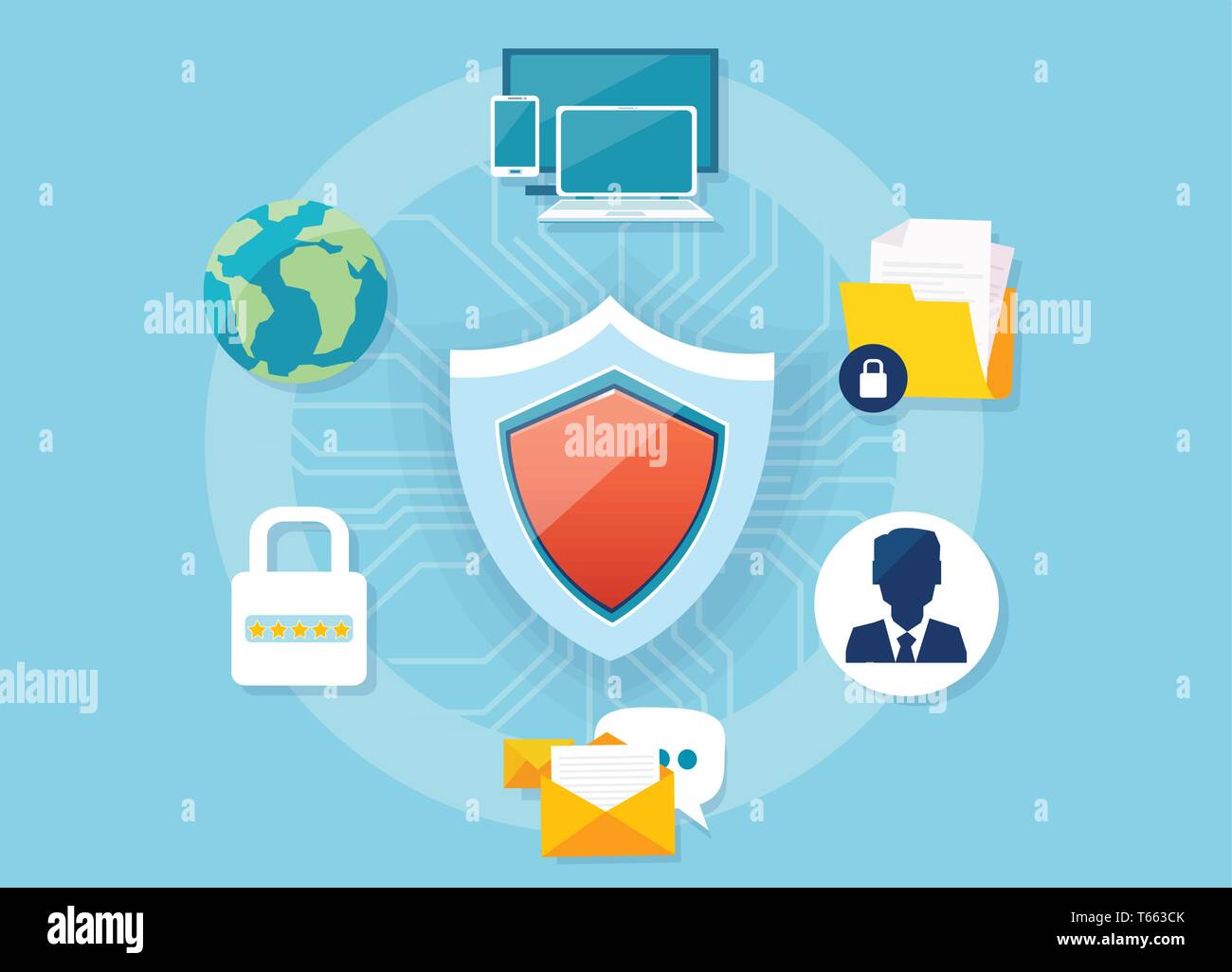 Internet security concetto. Vettore con la protezione dei dati online icone della tecnologia Illustrazione Vettoriale