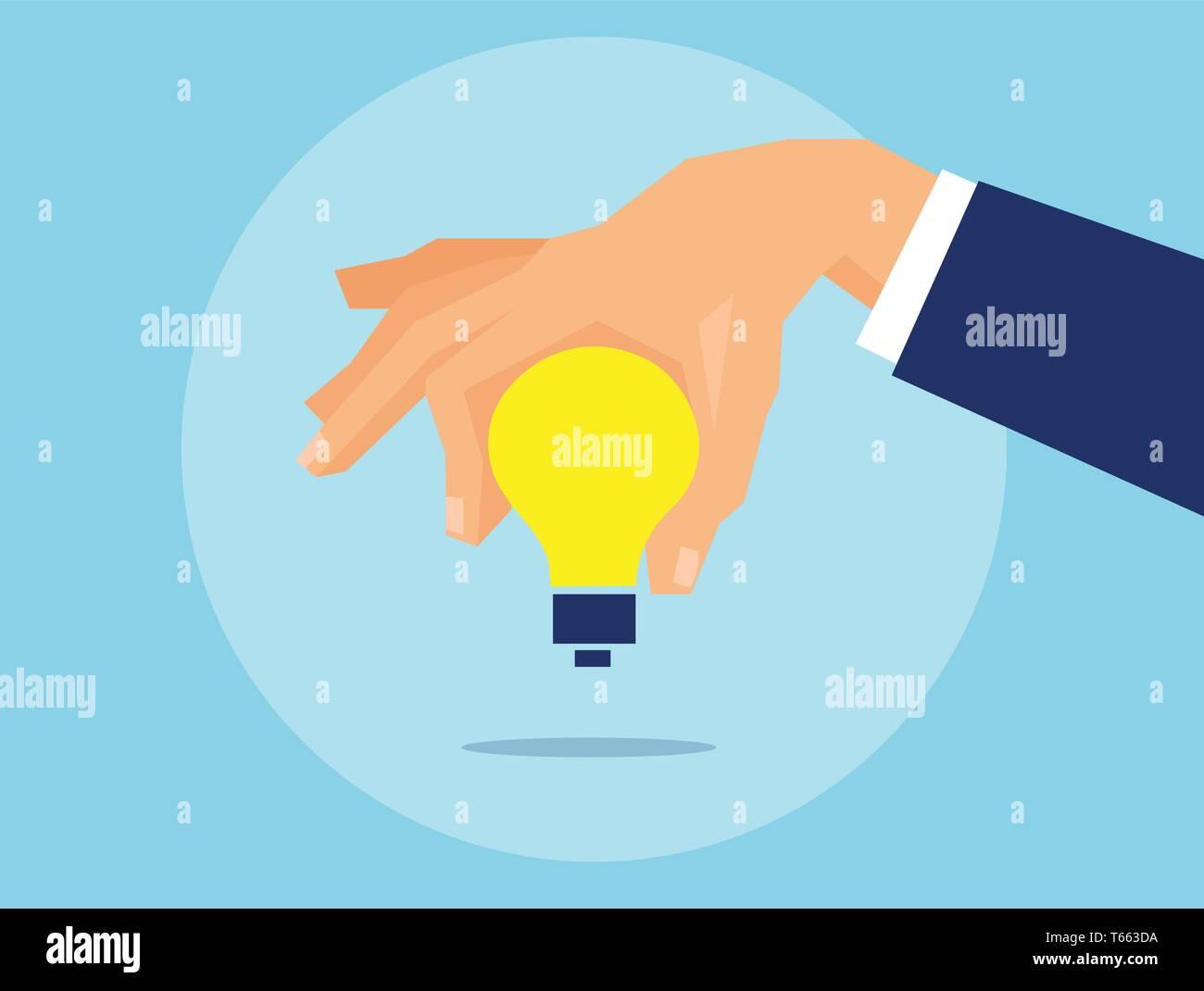 Vettore di un business man mano conformata come un giallo brillante lampadina su sfondo blu Illustrazione Vettoriale