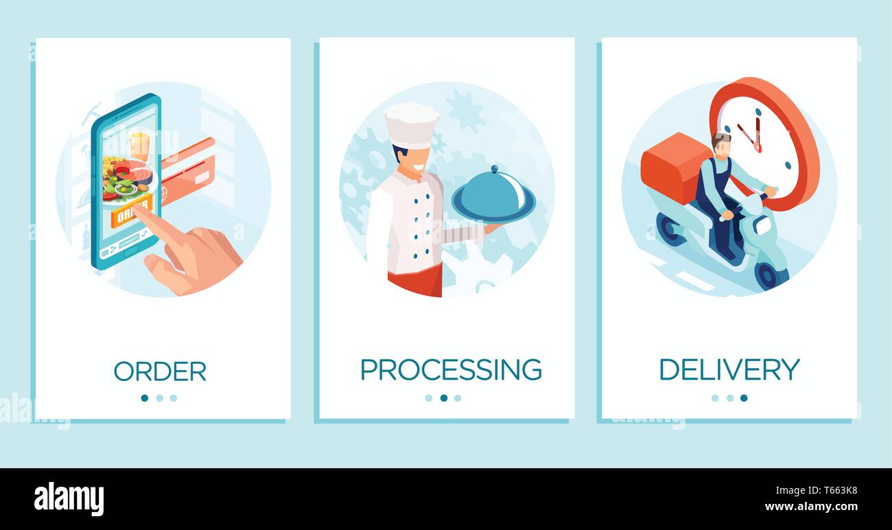 Online la consegna di cibo concetto. Concetto di vettore per mobile app templates Illustrazione Vettoriale
