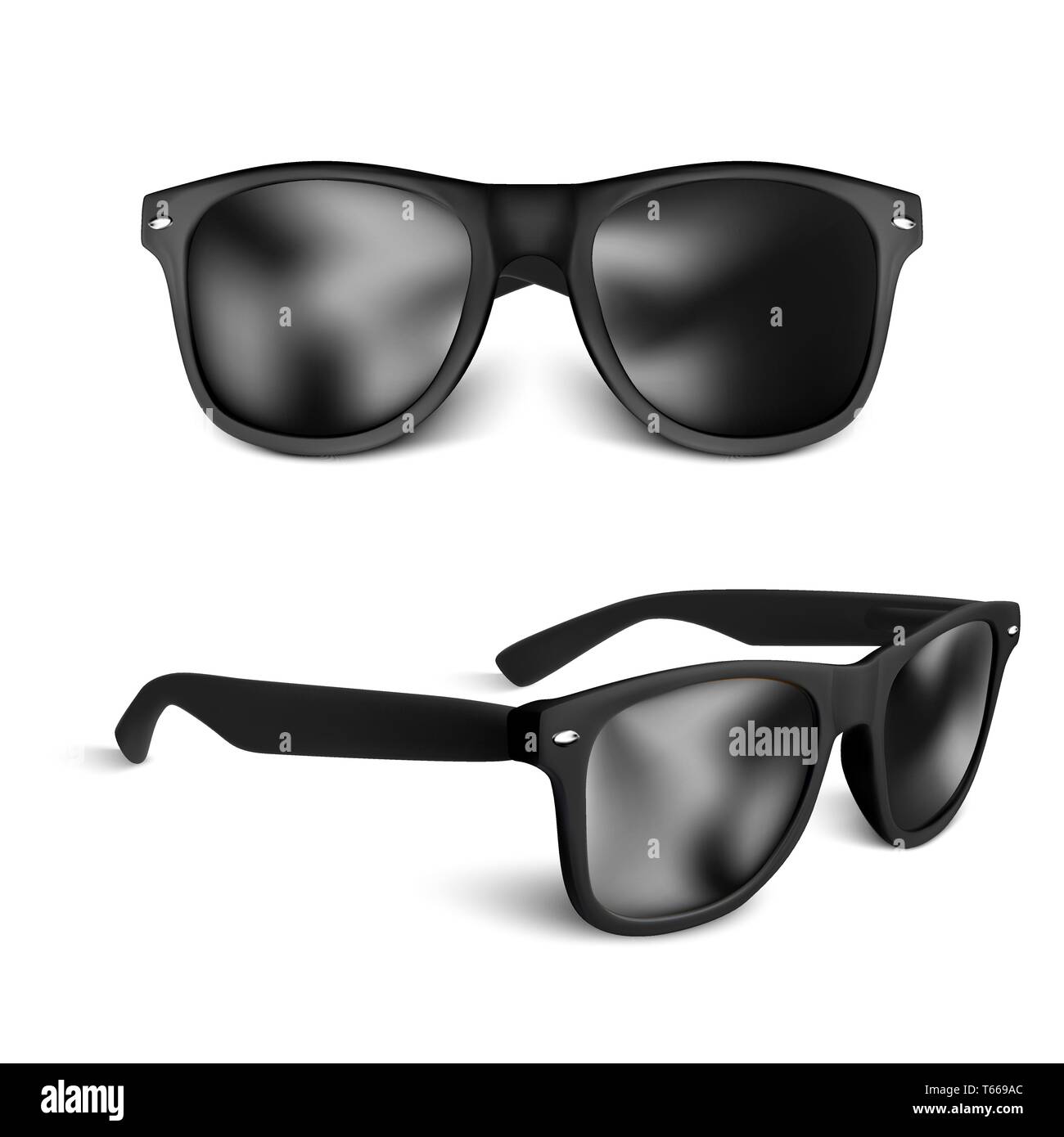 Set di nero realistico occhiali da sole isolato su sfondo bianco. illustrazione vettoriale. Illustrazione Vettoriale