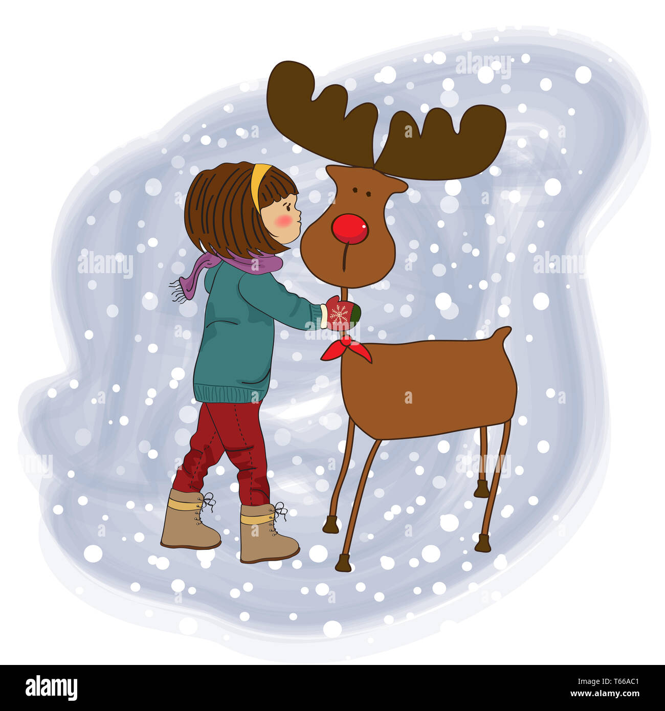 Scheda di Natale con graziosi bambina accarezzare una renna Foto Stock