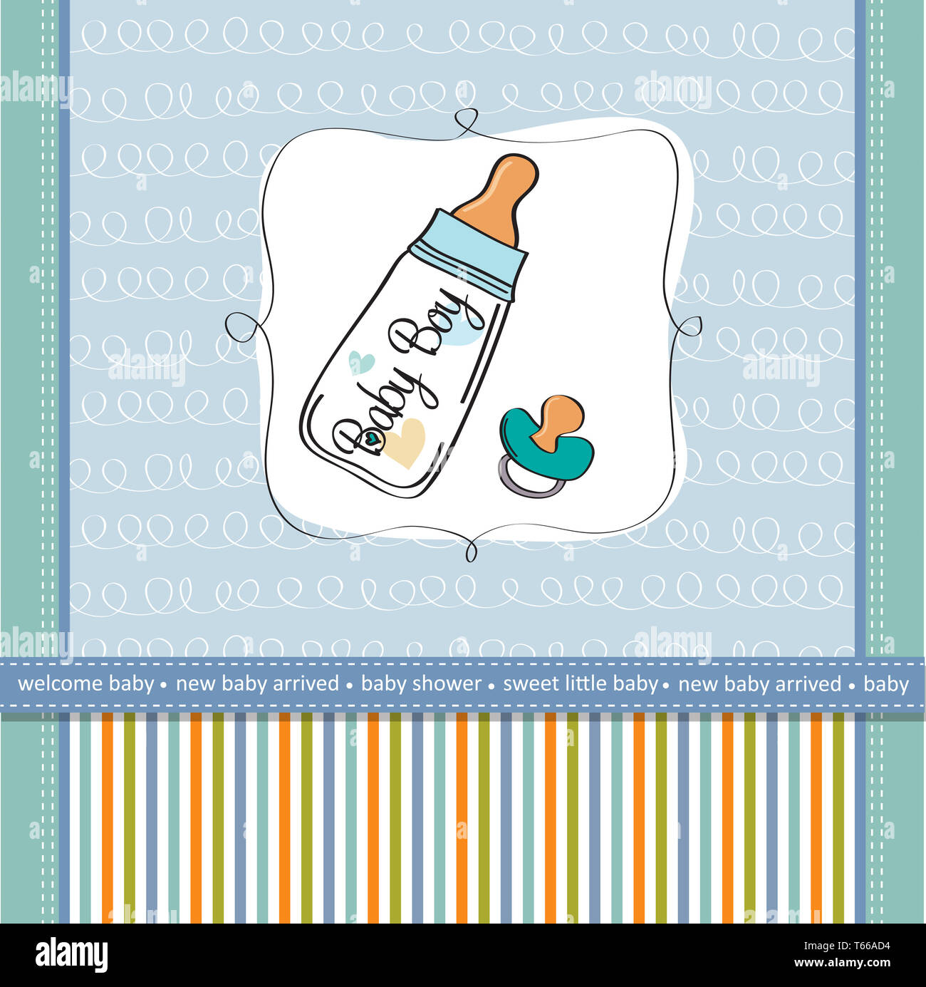 Annuncio baby card con bottiglia di latte e il succhietto Foto Stock