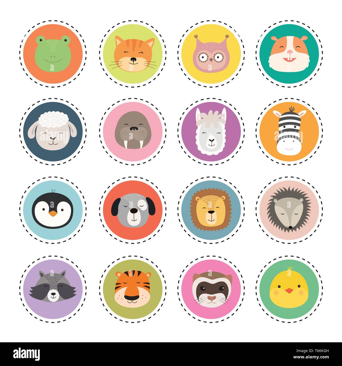 Impostare carino facce di animali adesivi. Illustrazione Vettoriale Illustrazione Vettoriale