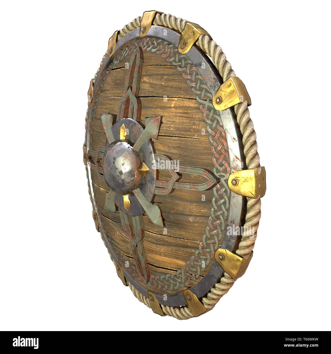 Round fantasy scudo in legno con inserti di ferro isolato su un fondo bianco. 3d illustrazione Foto Stock