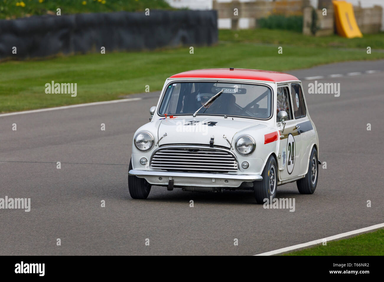 1966 Austin Mini Cooper S con autista Tina Cooper durante la Betty Richmond Trophy gara al 77th Goodwood GRRC Assemblea dei Soci, Sussex, Regno Unito. Foto Stock