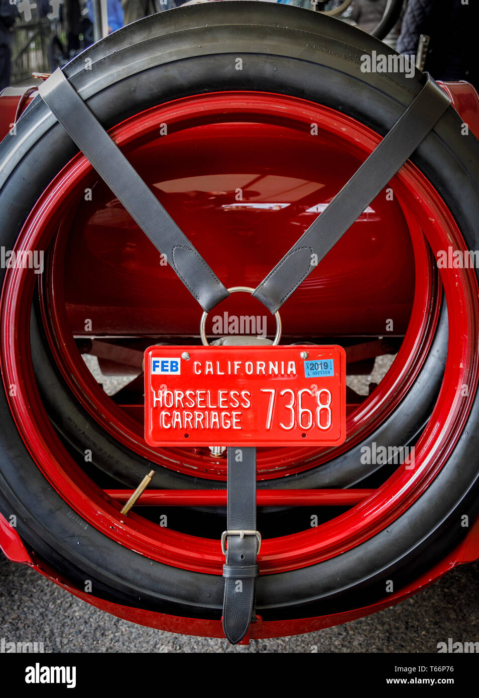 Dettaglio di William Evans' 1910 Fiat S61 Horseless Carrello segno nel paddock al 77th Goodwood GRRC Assemblea dei Soci, Sussex, Regno Unito. Foto Stock