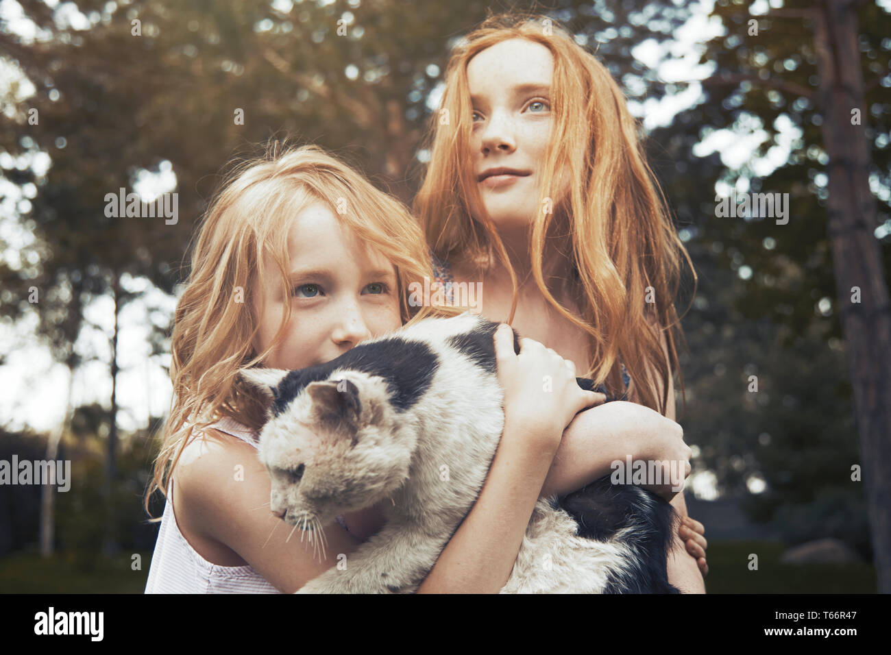 Sorelle holding cat Foto Stock