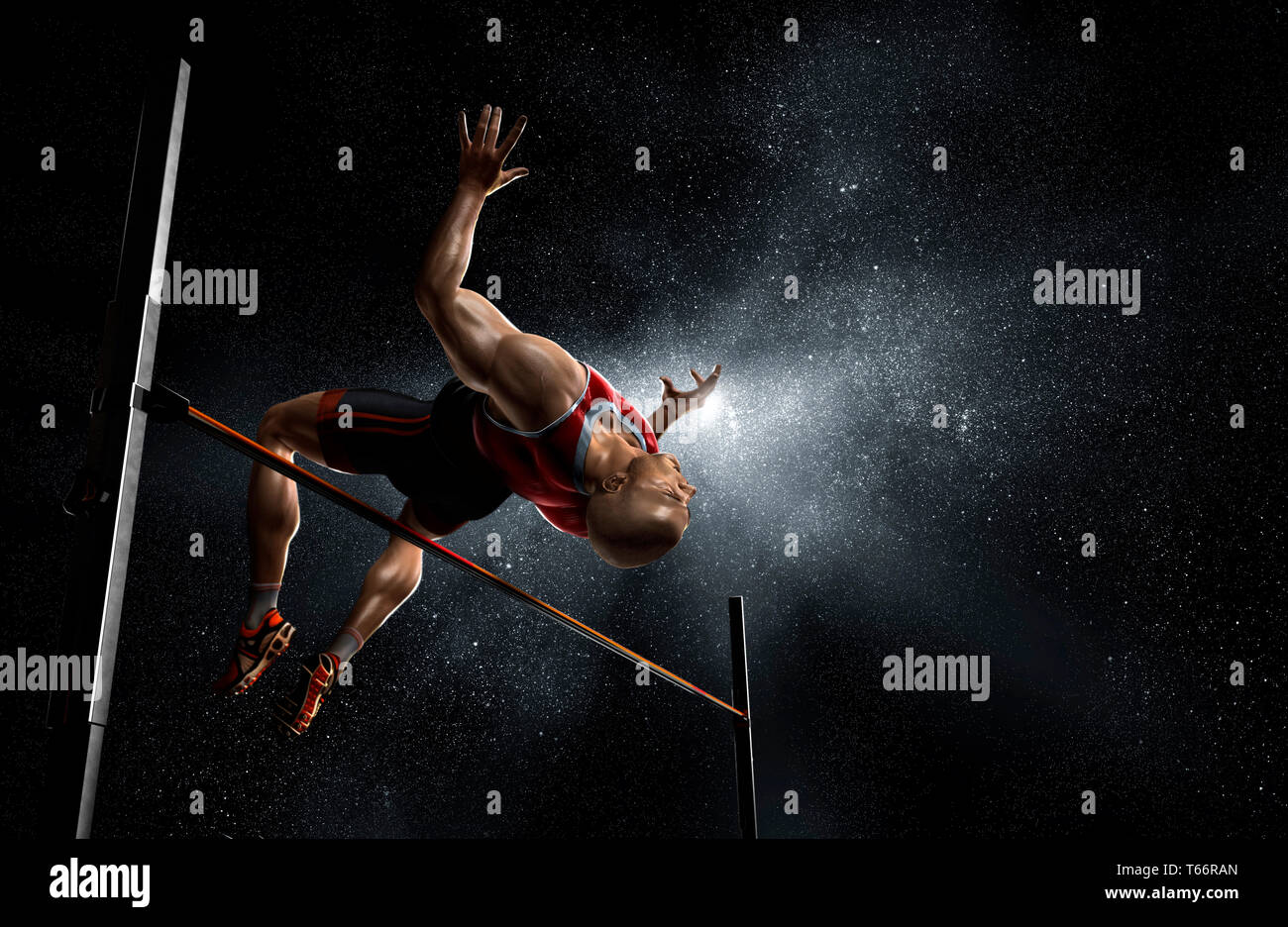 Via maschio e atleta di campo ad alta jumping Foto Stock