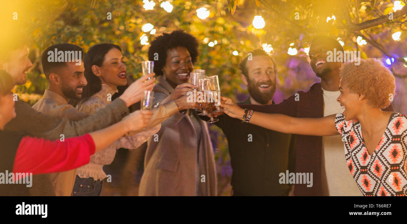 Amici celebrando la tostatura a champagne dinner party in giardino Foto Stock