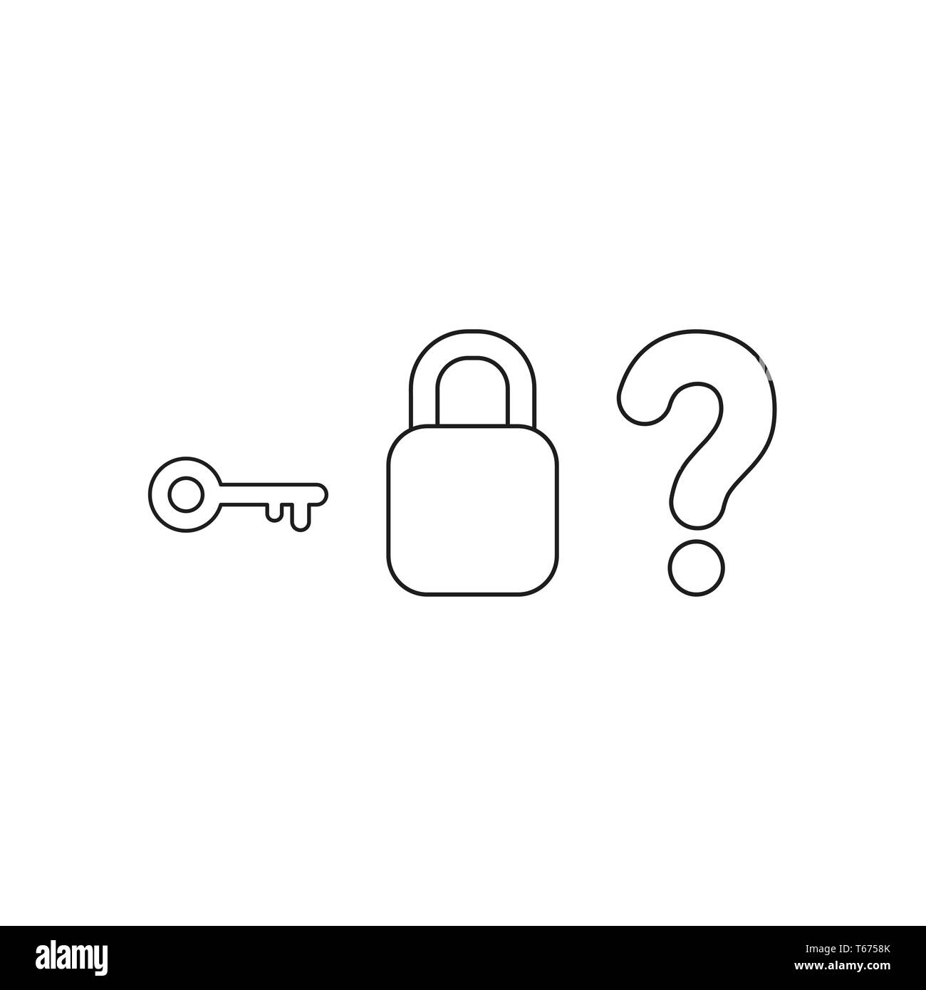 Icona vettore concetto di chiave con il lucchetto chiuso senza keyhole e punto interrogativo. Contorni neri. Illustrazione Vettoriale