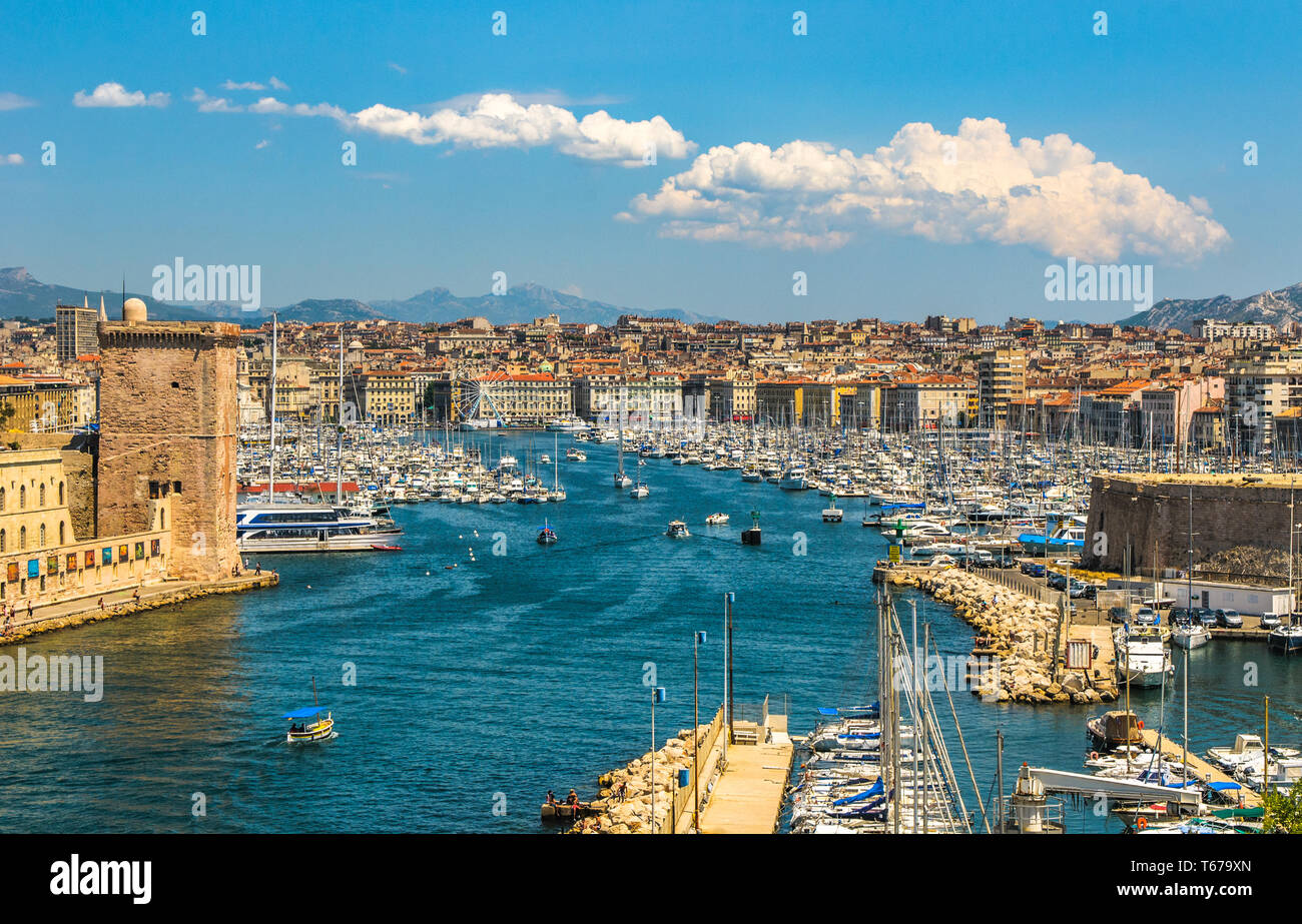 Vista panoramica di Marsiglia e di porto vecchio Foto Stock
