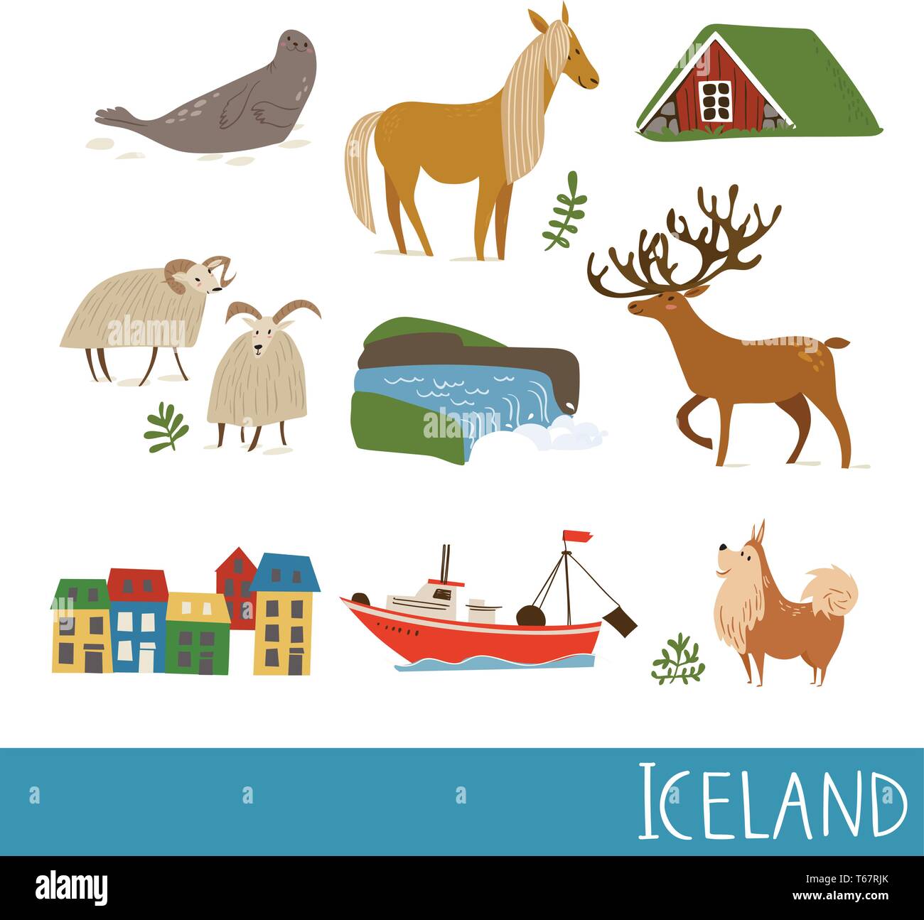 Set di natura Islanda simboli vettoriali con paesaggi, animali e architettura. Illustrazione Vettoriale