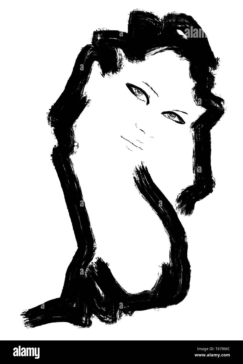 Schizzo di Moda.Abstract semplice in bianco e nero il disegno della bella pista modello. Haute Couture, pronto a indossare la pittura. Illustrazione di Moda Foto Stock