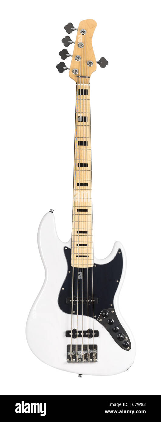 Bianco elettrico Bass Guitar isolati su sfondo bianco Foto Stock