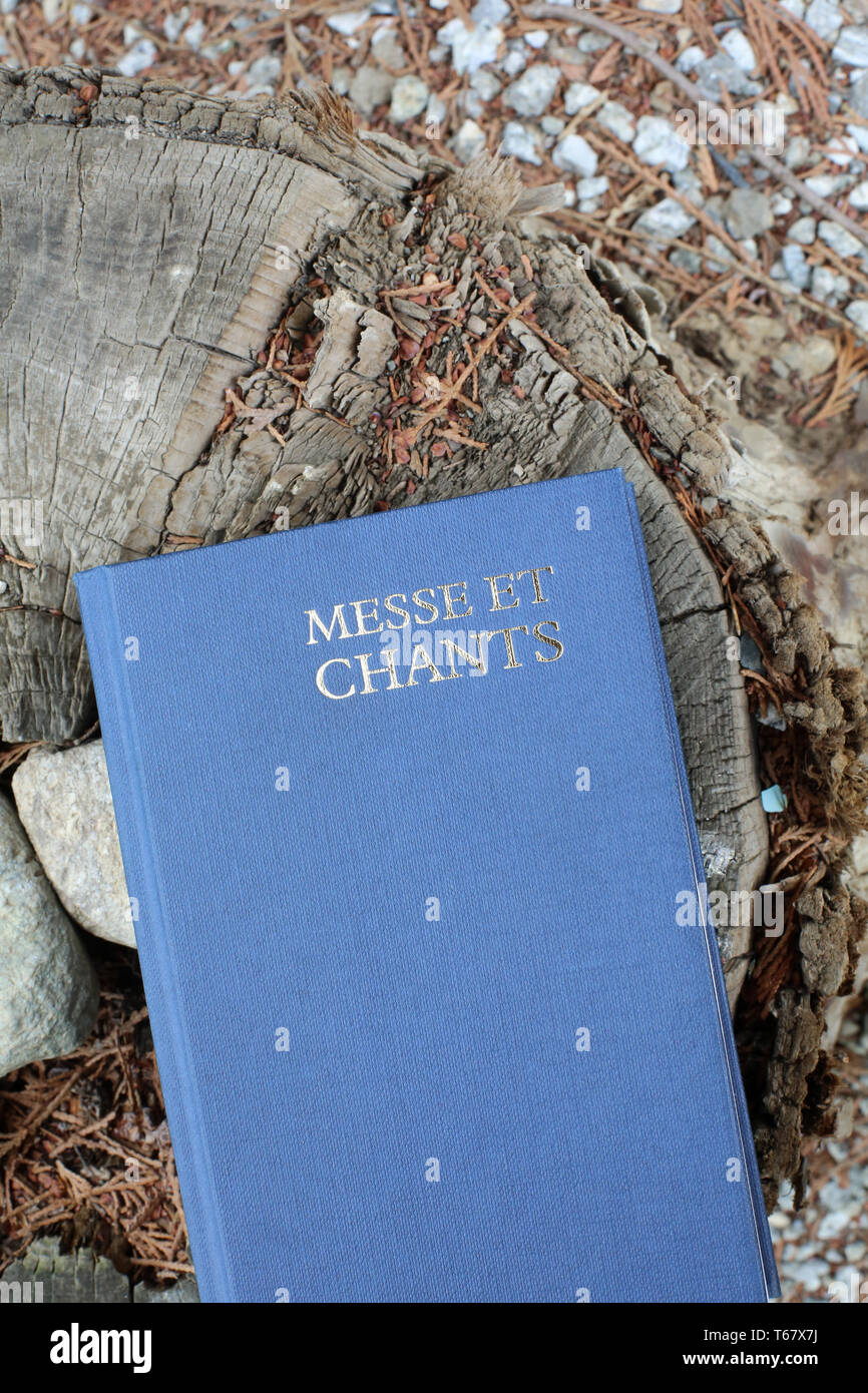 Livre de messe et chants sur une souche de bois. Foto Stock