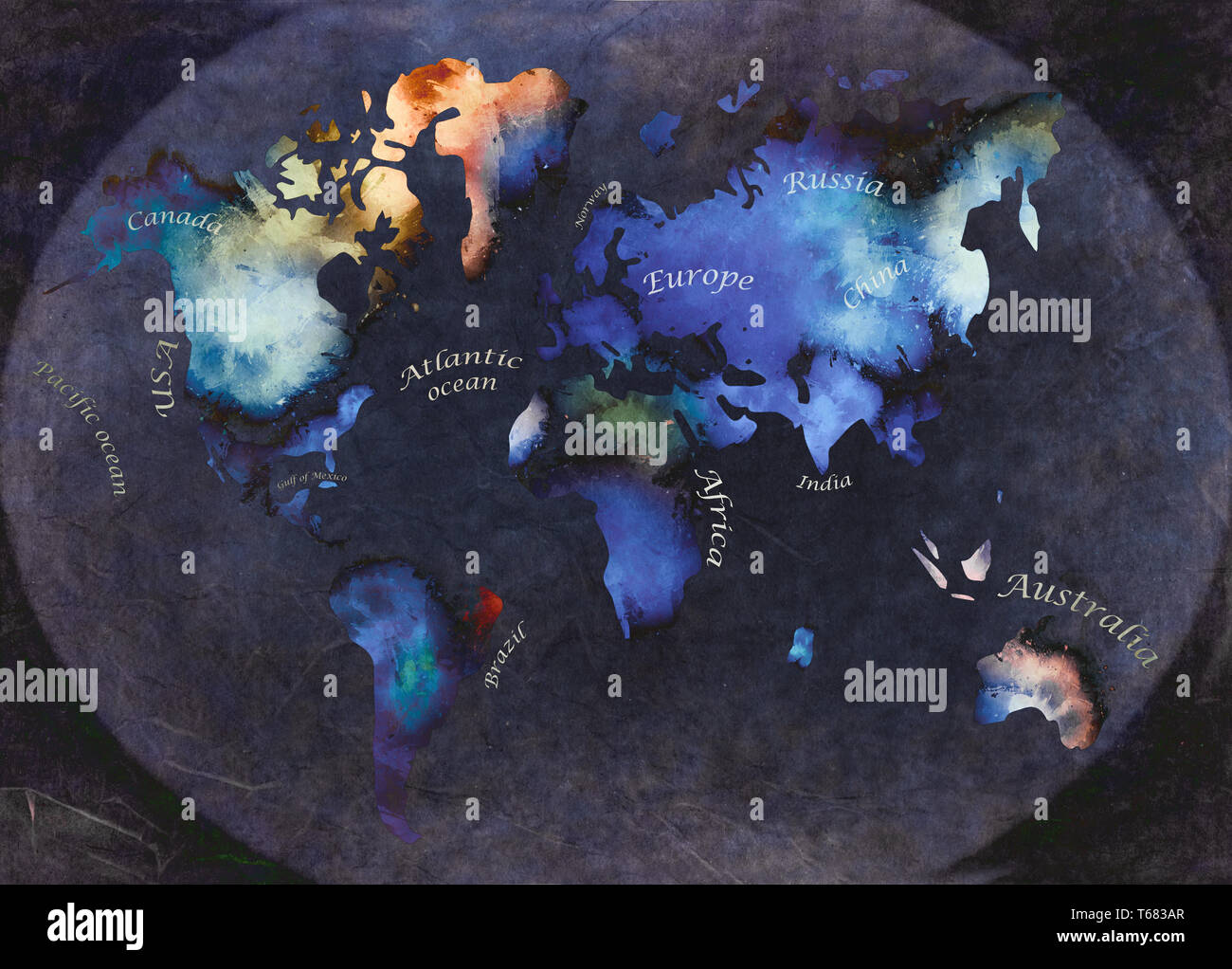 Acquerello mappa del mondo su sfondo scuro Foto Stock