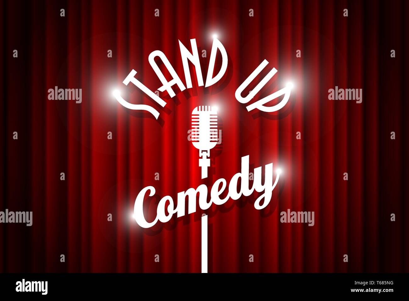 Stand up comedy night live show open mic sul teatro vuoto stadio. Microfono Vintage contro la tenda rossa sullo sfondo. Vettore retrò arte illustrazione dell'immagine. Illustrazione Vettoriale