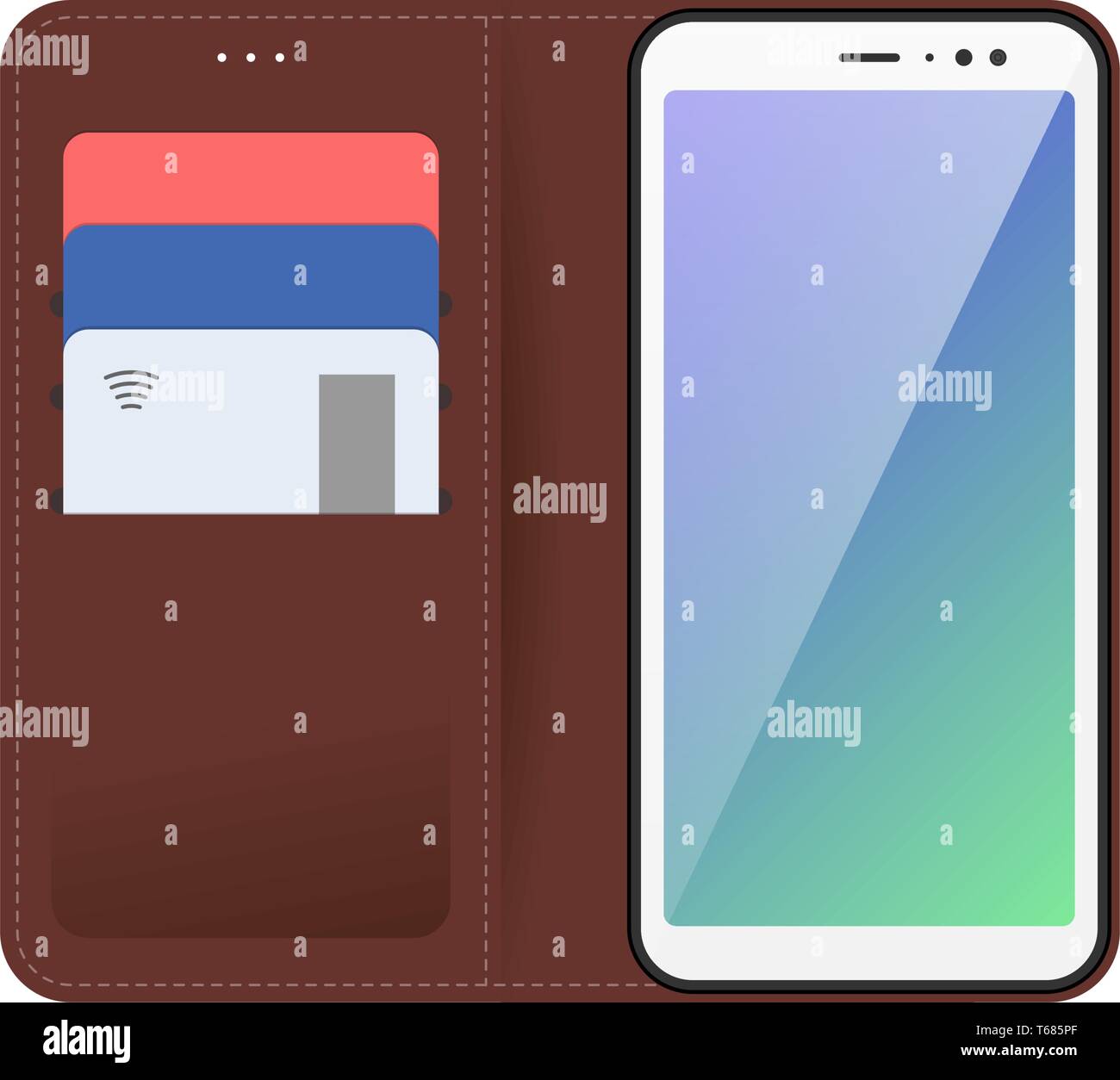 Il dispositivo Mobile smartphone con apertura e chiusura cucito marrone custodia in pelle, plastica carte bancarie in tasche. Moderno vettore illustrazione piatta isolata Illustrazione Vettoriale