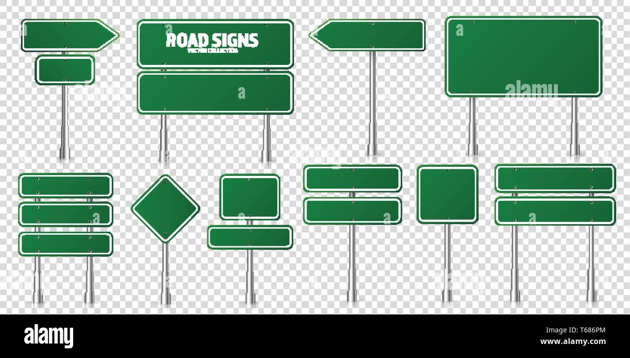 Segnaletica stradale. Segnaletica stradale verde, cartello con la  direzione, frecce sulla posizione della strada e pannello di testo quadrato  e cartellone Immagine e Vettoriale - Alamy