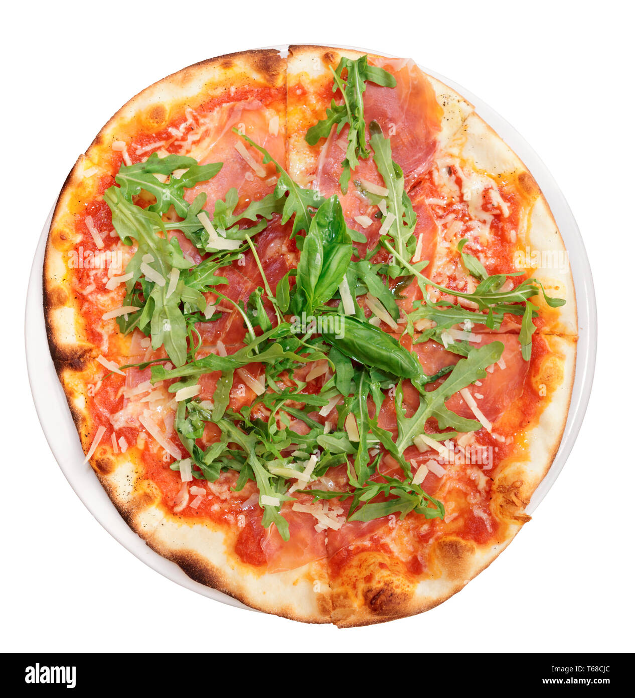 Pizza con prosciutto di Parma, isolato su bianco, percorso di clipping incluso Foto Stock