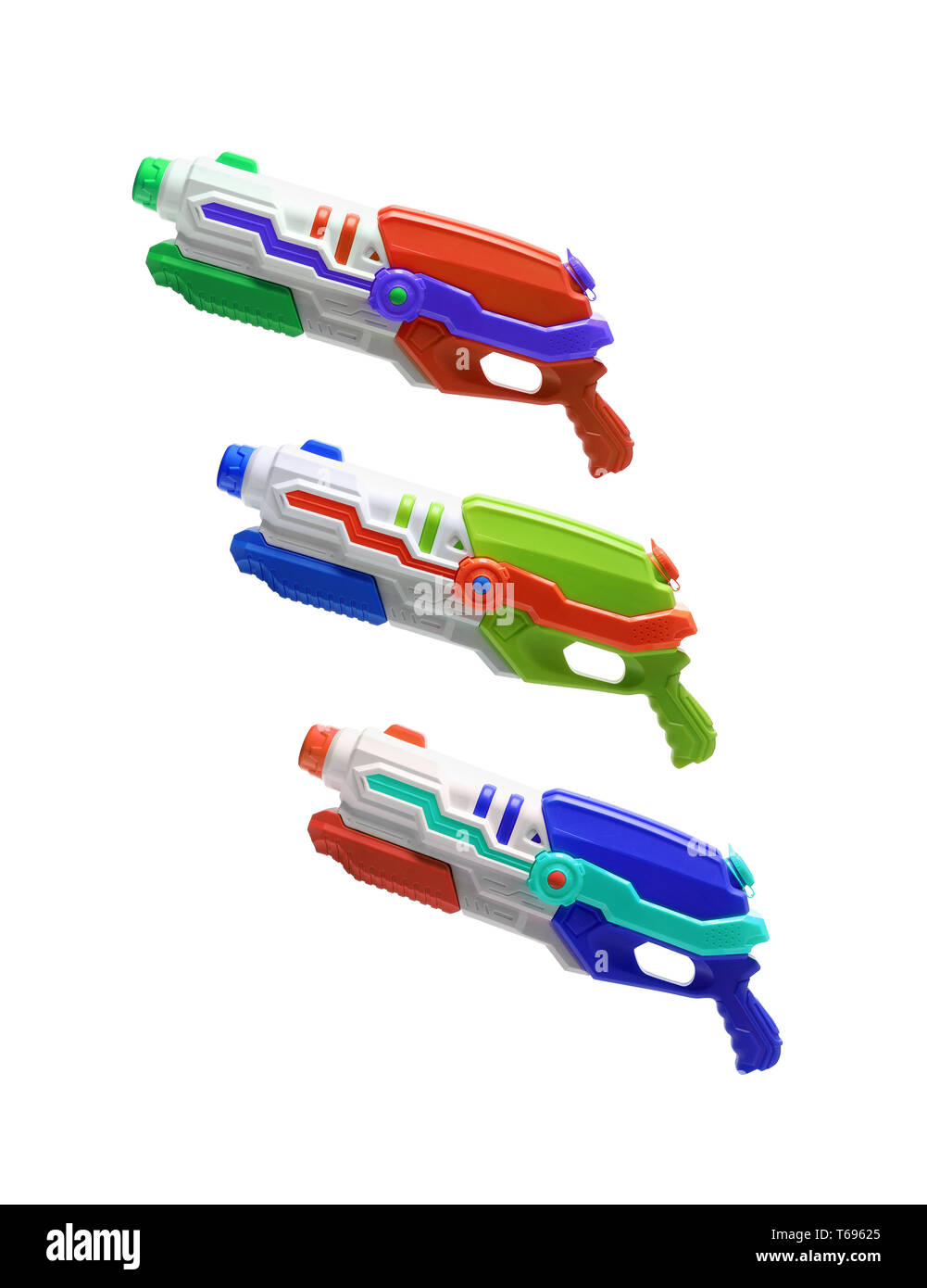 Pistole per acqua su sfondo bianco Foto Stock
