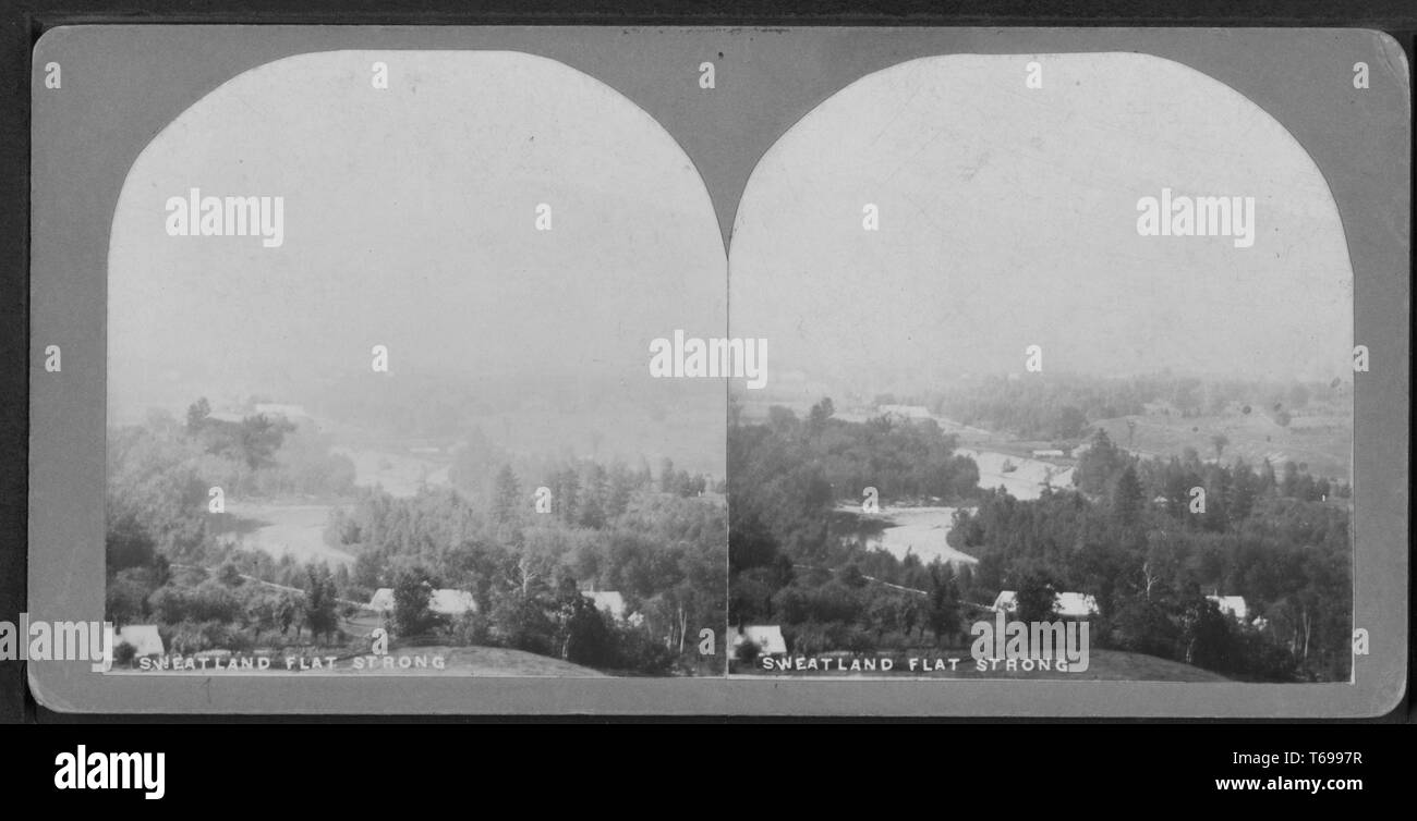 Un set di nero e di bianco fotografie stereoscopica, girato da un alto punto di vantaggio, guardando sopra Sweatland, piatto forte, situato nella contea di Franklin, Maine, Stati Uniti d'America; impostare su un grigio o nero lo sfondo con un calibratore di scala di grigi visibile sopra l'immagine, 1910. Dalla Biblioteca Pubblica di New York. () Foto Stock