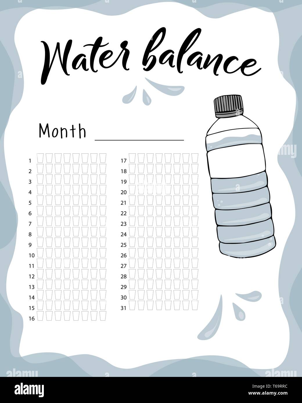 Consumo di acqua per la settimana e il mese. Equilibrio idrico calendario del vettore. Acqua tracker mensile. Illustrazione Vettoriale