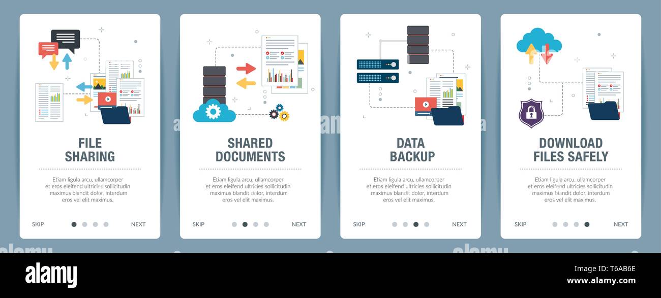 Set di Banner con icone per internet su siti web o modelli di app con la condivisione di file, documenti condivisi, backup di dati e di scaricare file in modo sicuro. La tecnologia Illustrazione Vettoriale